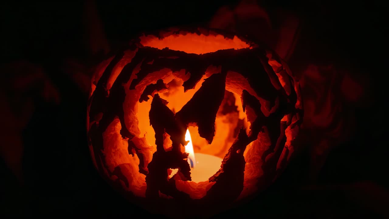 Flickering candle flame causing carved pumpkin glowing inside on dim tabletop, with dancing shadows