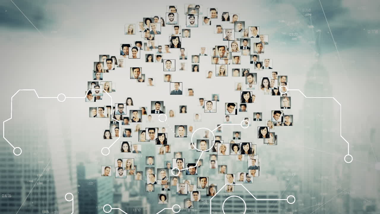 Animazione di foto rotanti di persone diverse su un paesaggio urbano