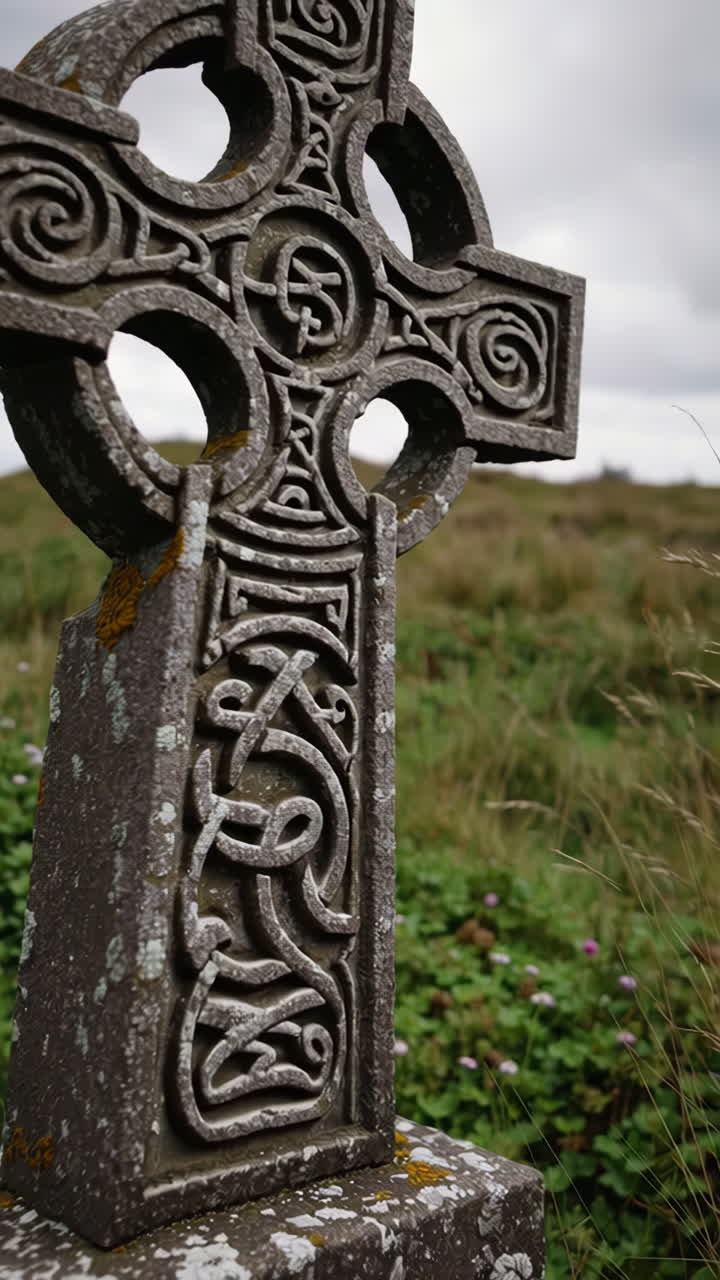 Close-up of an Ancient Celtic Cross with Intricate Carvings in a Grassy Landscape