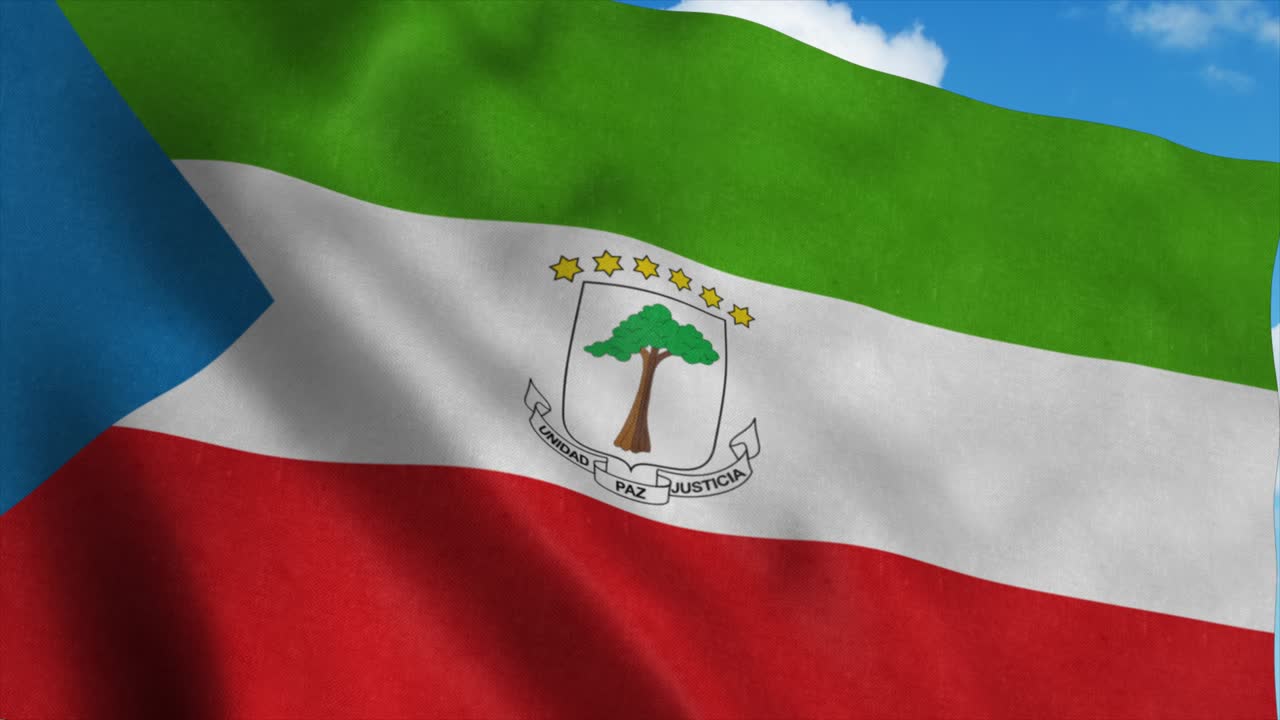 Equatorial Guinea flag waving in the wind, blue sky background. 4K