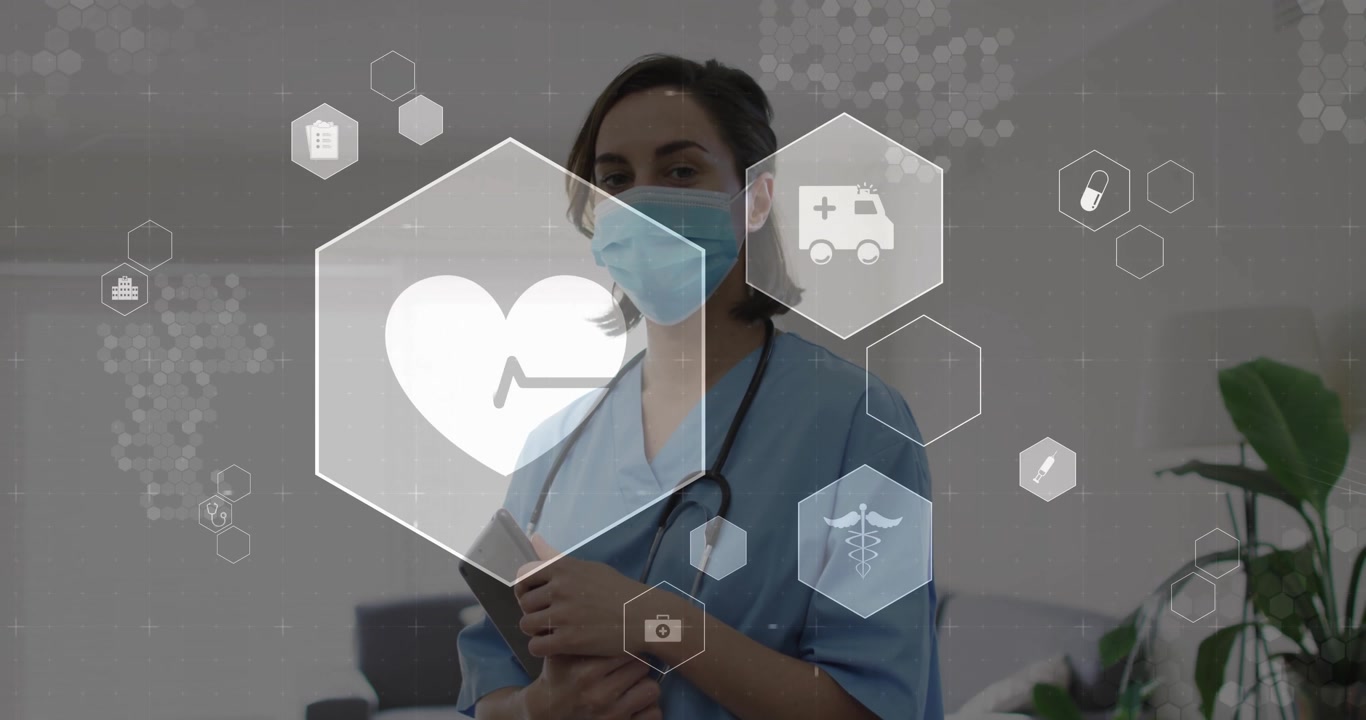 Enfermera en clínica sosteniendo un portapapeles, activando iconos médicos hexagonales que se desvanecen y pulsan a su alrededor