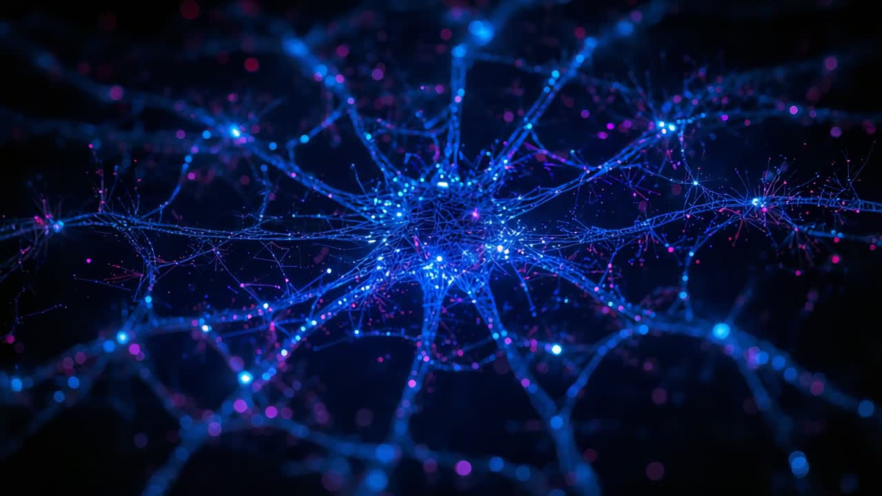 Brightening luminous hub strands pulsing inward as frames shifting across void, showing blue sparks