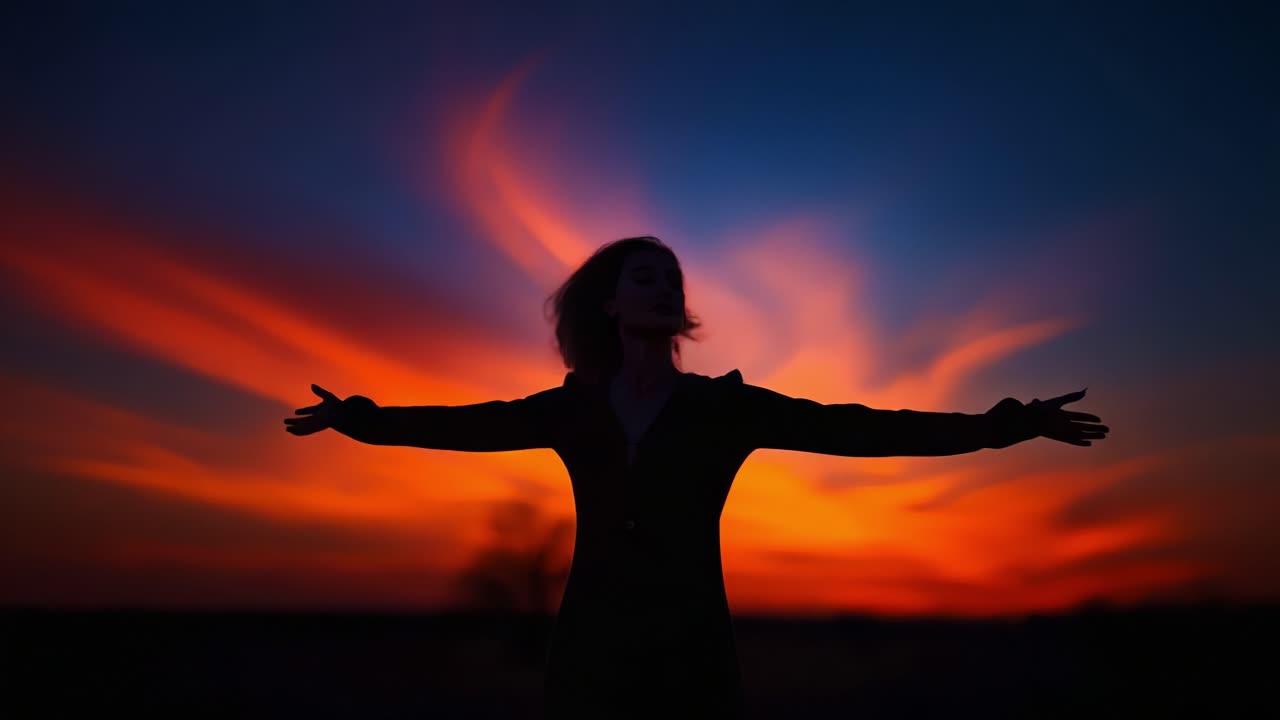 A figure joyfully embraces the sunset, silhouetted against a mesmerizing sky filled with vibrant colors as the sun dips below the horizon, radiating peace and freedom