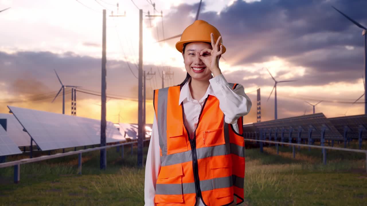 Asian Female Engineer With Safety Helmet Showing Ok Hand Sign Over Eye And Smiling To Camera With Solar Panel and Wind Turbines