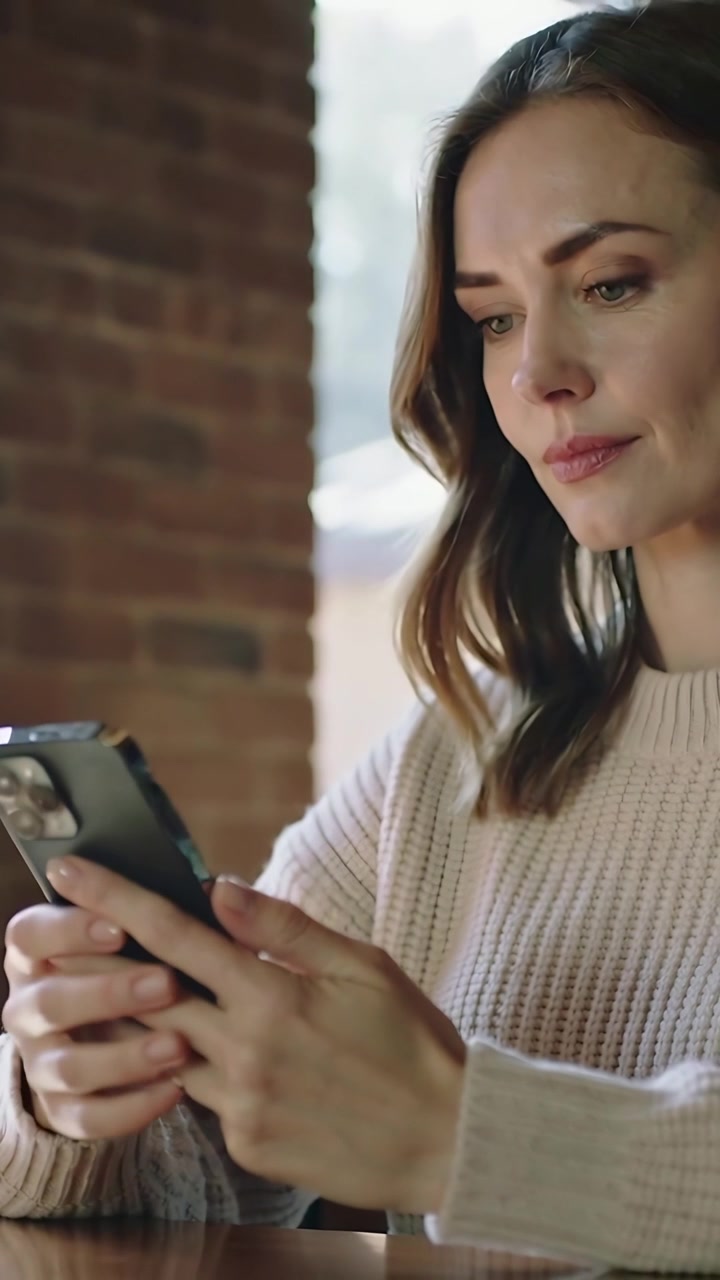 Video verticale: Donna che tiene e tocca il telefono al tavolo, con un maglione color crema, che si ferma e guarda fuori dalla finestra.