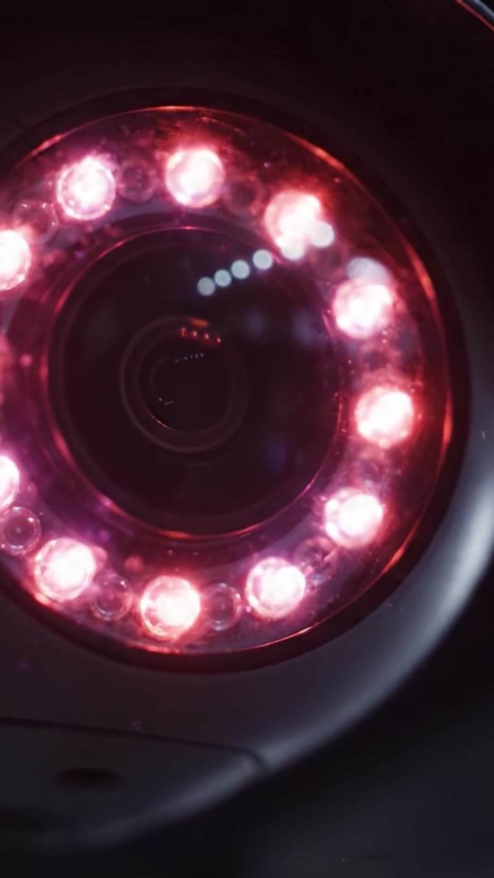 Close-Up of a High-Tech Surveillance Camera with Infrared LED Lights Illuminating Its Lens in a Dark Surrounding