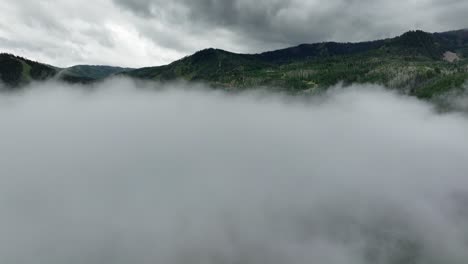 aerial of low fog hanging over mountain and forest trees-3