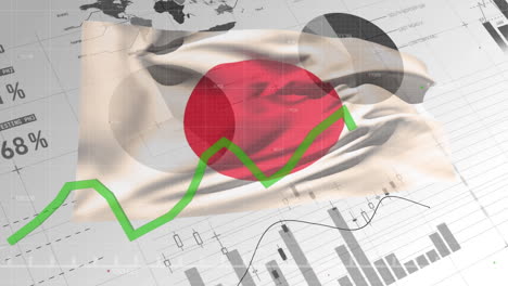 animation of financial statistics recording over flag of japan waving