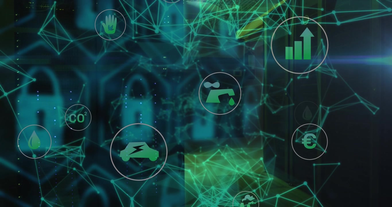 Animation of sustainable and currency icons with connected dots over padlocks