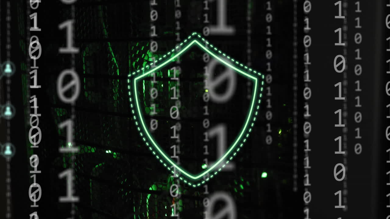 escudo verde con animación de código binario sobre fondo digital oscuro