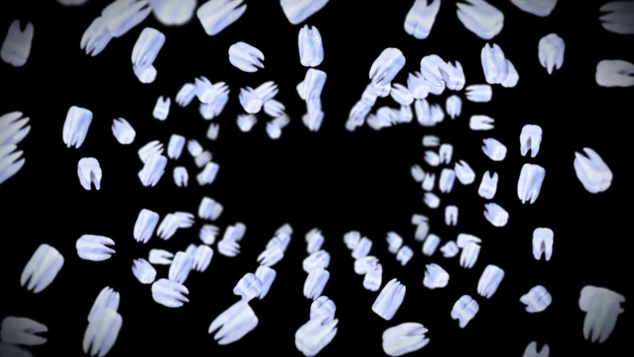 검은색 바탕에 많은  이빨을 날아다니며, 치과 관리 개념, 치아 회전의 3d 애니메이션, 루프 애니메이션.