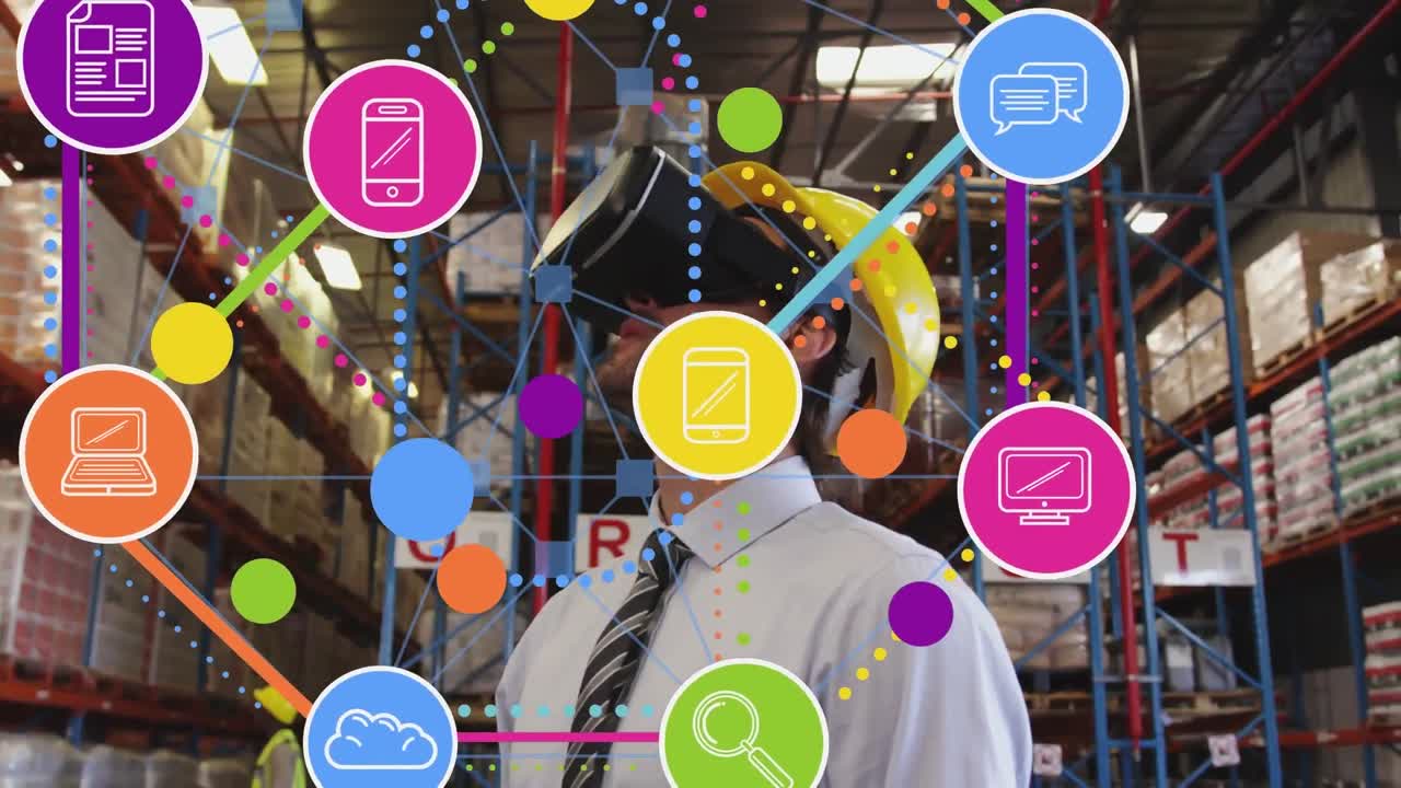 animación de la red de conexiones sobre hombre caucásico que usa auriculares vr, trabajando en un almacén