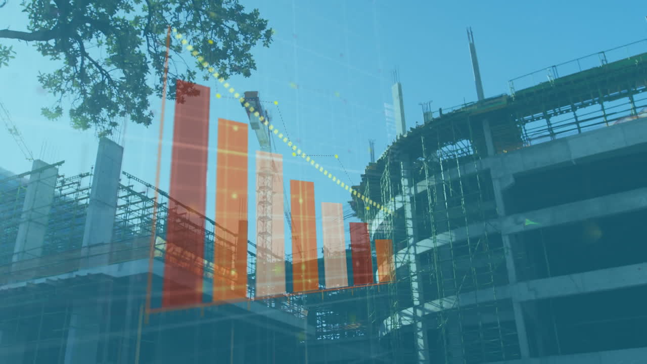 procesamiento de datos estadísticos y financieros en comparación con el sitio de construcción en segundo plano