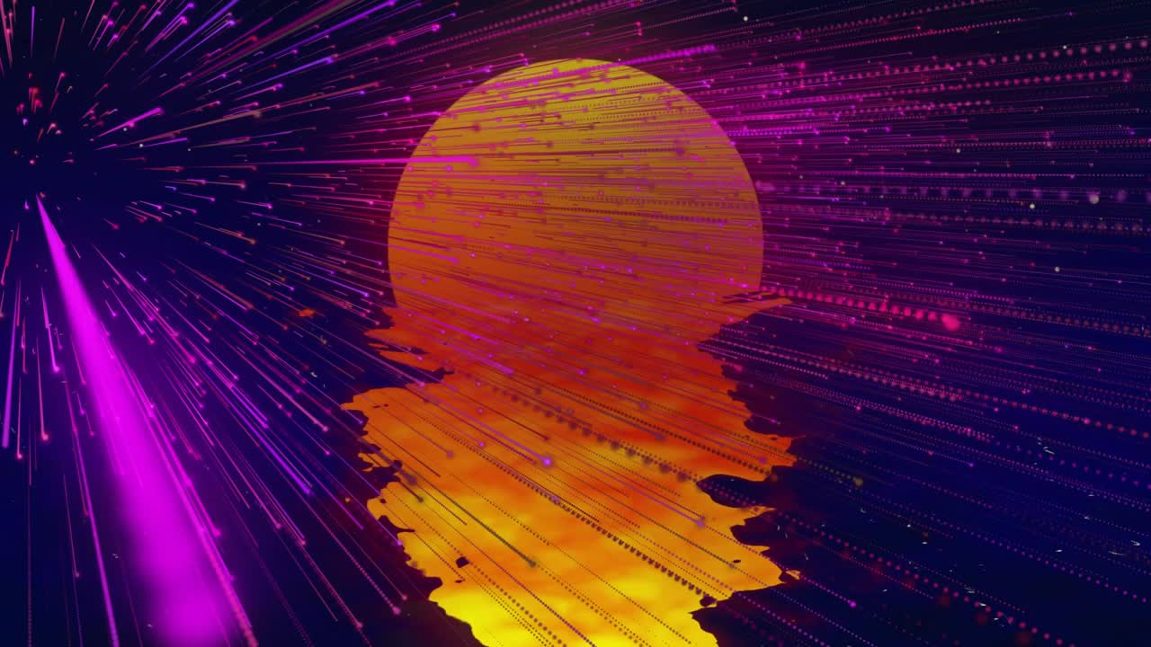 left burst sparking magenta streaks sweeping sun glowing reflection rippling suggesting neon sunset
