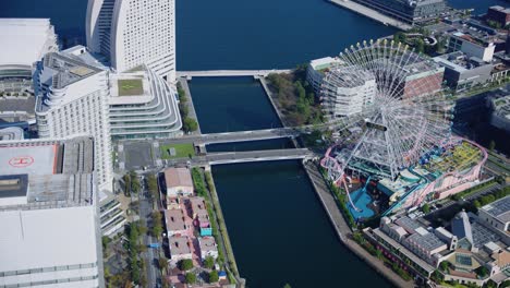 yokohama minatomirai port area and ferris wheel, high angle establishing shot