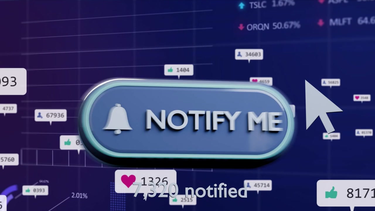 NOTIFY ME button pulsing, cursor entering and clicking, count increasing to 7,321 for notifying