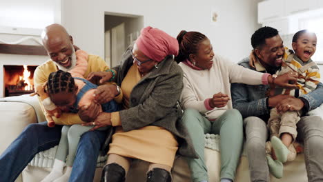 big family, living room and run to hug on sofa