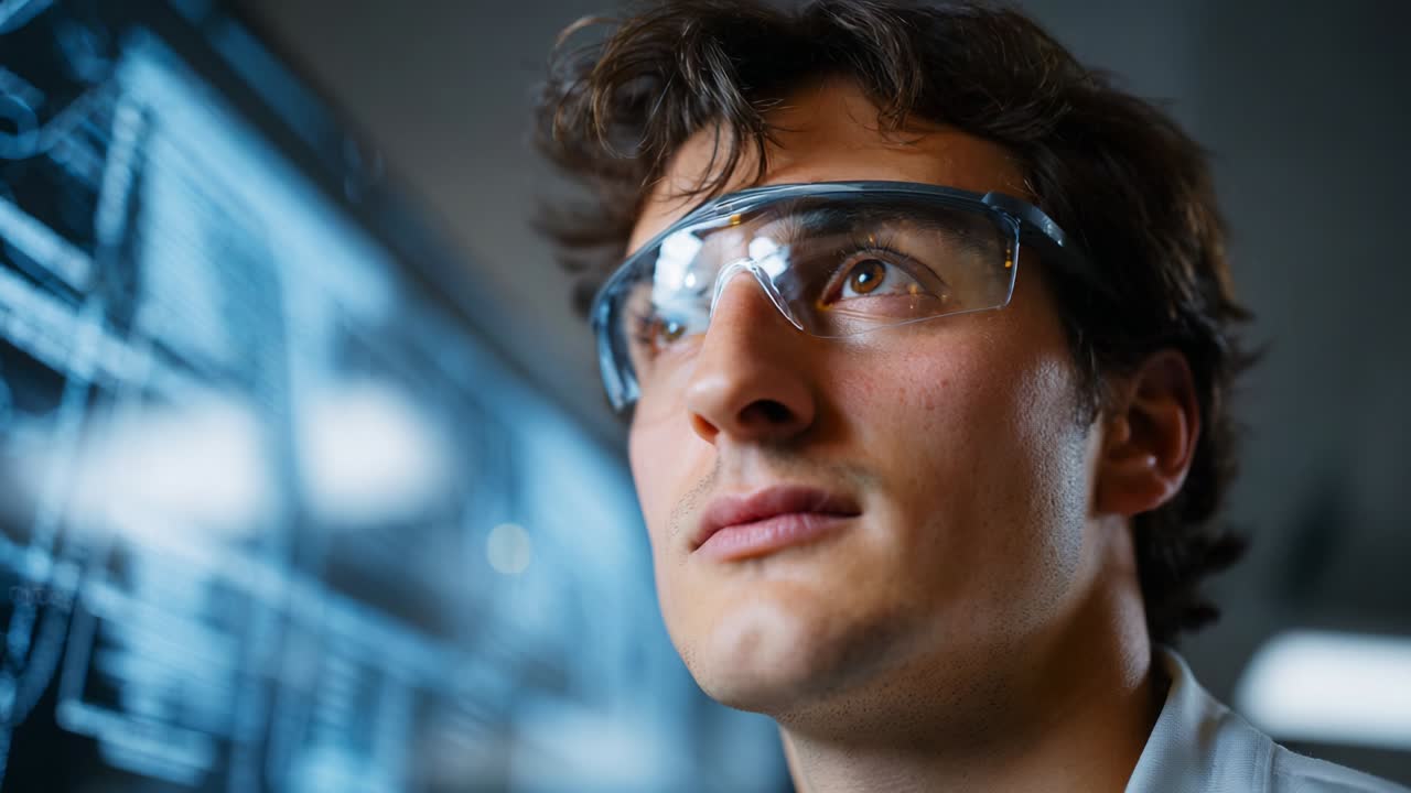 A focused individual wearing protective eyewear gazes thoughtfully at digital data displayed on a screen, reflecting a modern, innovative approach to science and technology in a high-tech environment