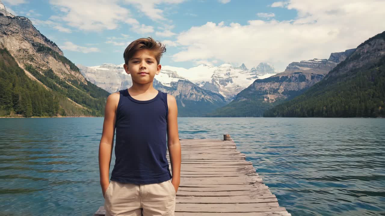 Young boy stands on a wooden pier, hands in pockets, enjoying the breathtaking view of a serene mountain lake, surrounded by majestic peaks and lush greenery, on a sunny day