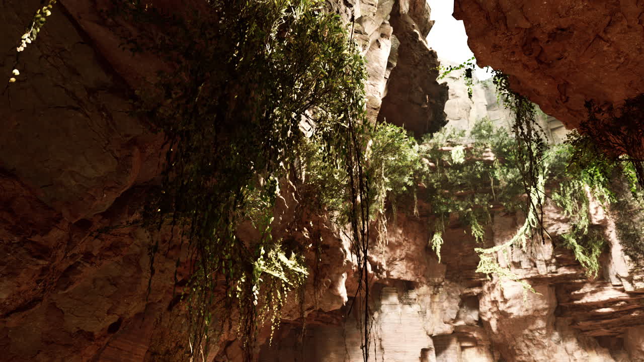large fairy rocky cave with green plants