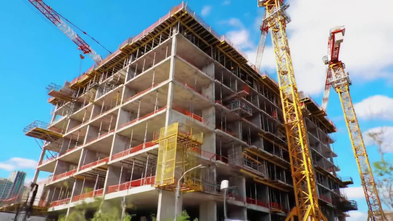 A Dynamic Construction Site: Capturing the Excitement of Building a Modern Structure with Cranes, Steel, and Concrete in a Bright Blue Sky Setting