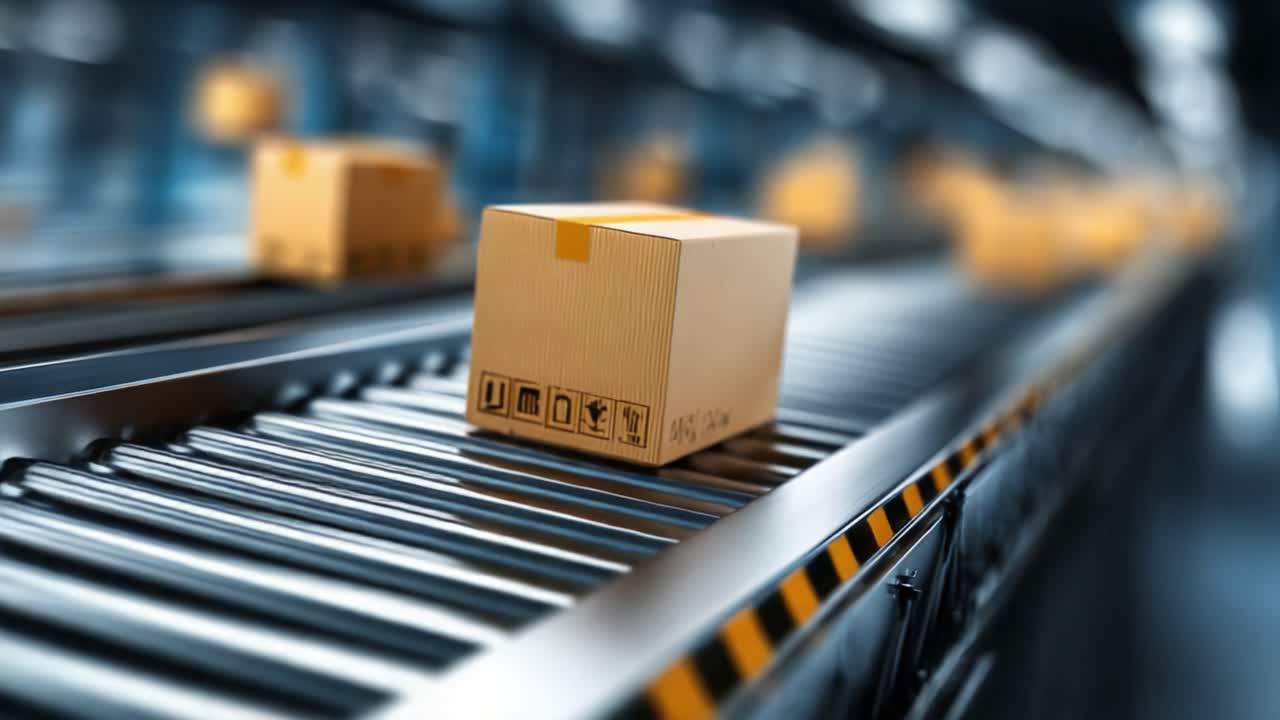 A Package Moving Along a Conveyor Belt in a Modern Warehouse Environment with Efficient Automation and Streamlined Logistics Operations