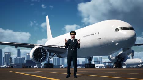 cuerpo lleno de piloto hombre asiático sonriendo y diciendo wow mientras estaba de pie en el aeródromo con el avión en el fondo