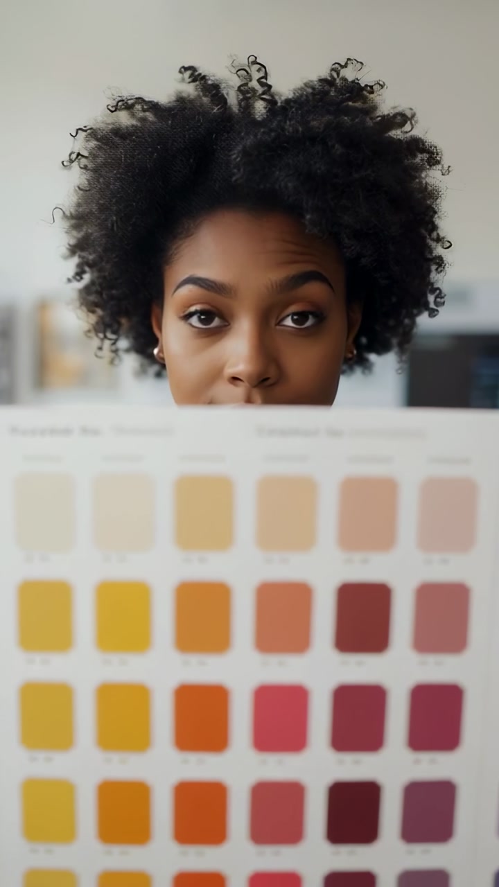Vertical video: Holding swatch over face, woman with curls lowering it in studio, matching colors