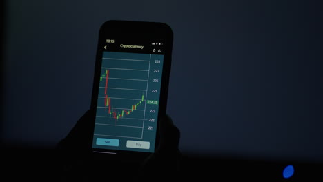 On-the-screen-of-a-mobile-phone-the-chart-changes-and-shows-the-growth-and-fall-of-stocks-against-the-background-of-a-changing-table