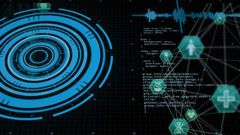 Animation-Von-Ladekreisen,-Verbundenen-Punkten,-Die-Einen-Globus-Bilden,-Computersprache-Auf-Schwarzem-Hintergrund