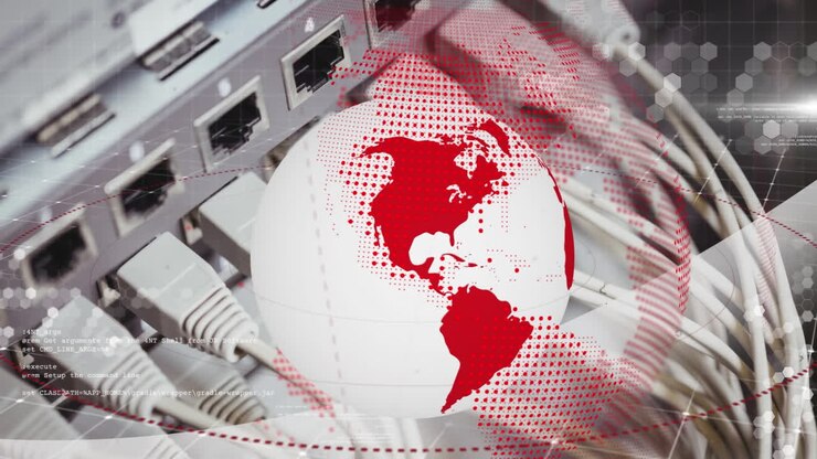 Animation of globe and data processing over server room