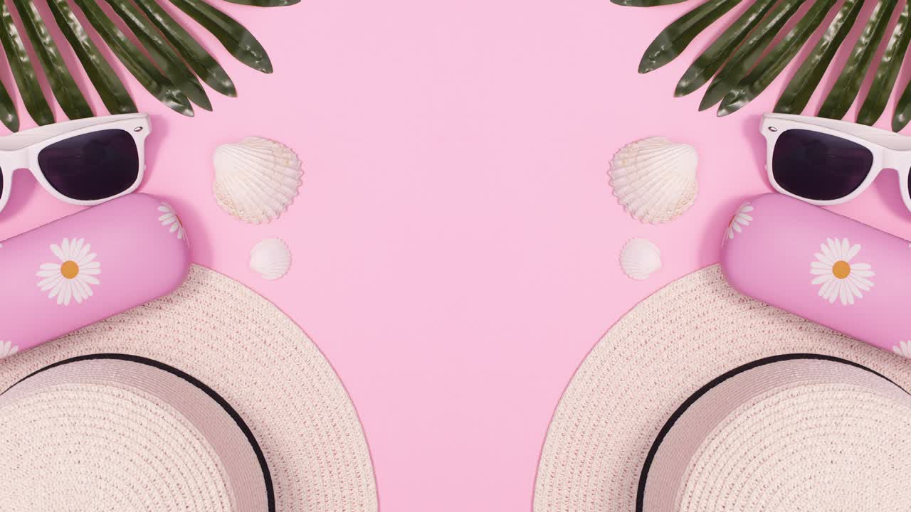 Summer accessories with palm leaves move on two sides. Stop motion