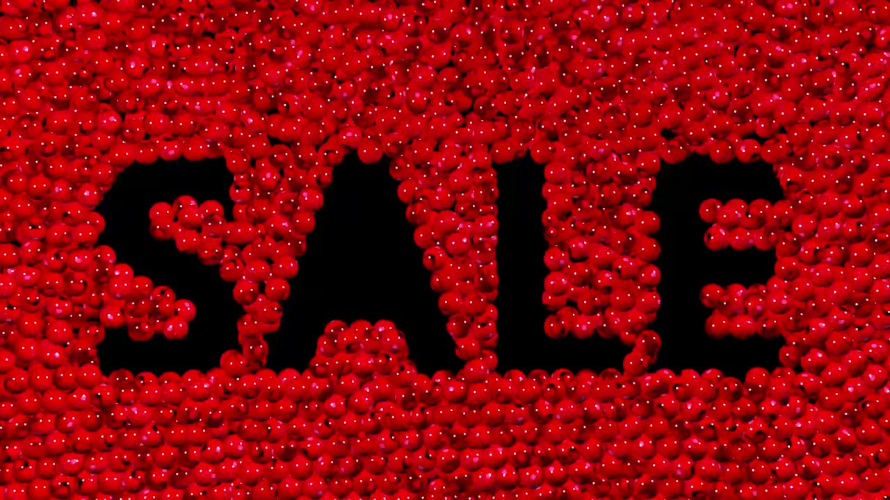 Sale text with many red and white balls 3d animation. Green screen footage.