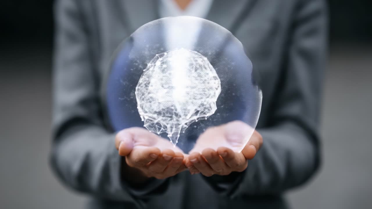Un professionista aziendale dimostra un pensiero innovativo tenendo tra le mani una visualizzazione fluttuante di un cervello, che rappresenta l'elaborazione dei dati e l'intelligenza.
