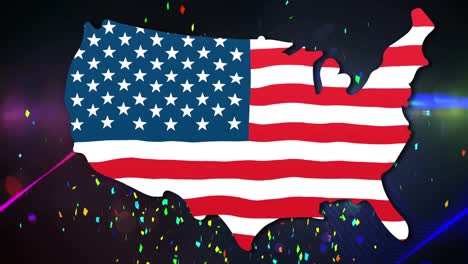 Confetti-falling-over-american-flag-design-over-us-map-against-spots-of-light-on-black-background