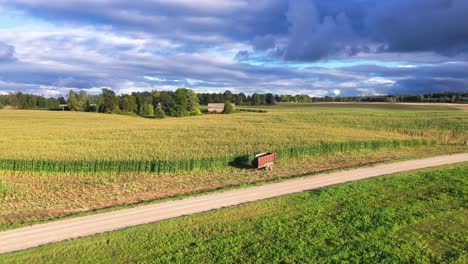 Traktoranhänger-Links-In-Der-Nähe-Von-Majestätischen-Maisfeldern-Mit-Dunklen-Stürmischen-Wolken-Darüber