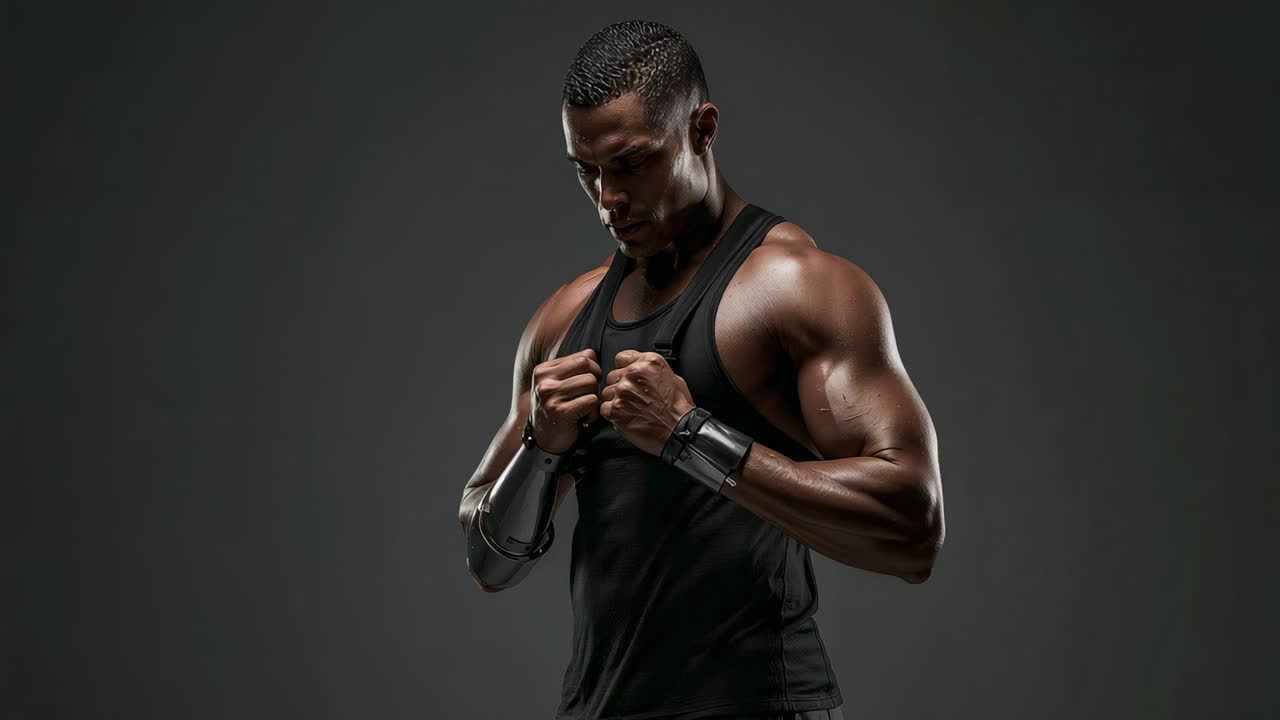 Posing fit man in black tank top flexing body in studio, showing metallic cuffs for portrait