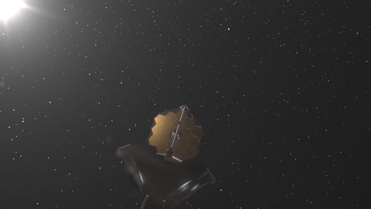 el telescopio espacial james webb jwst se eleva más allá de la cámara con la llamarada solar y el fondo de la galaxia de la vía láctea - animación 3d cgi 4k