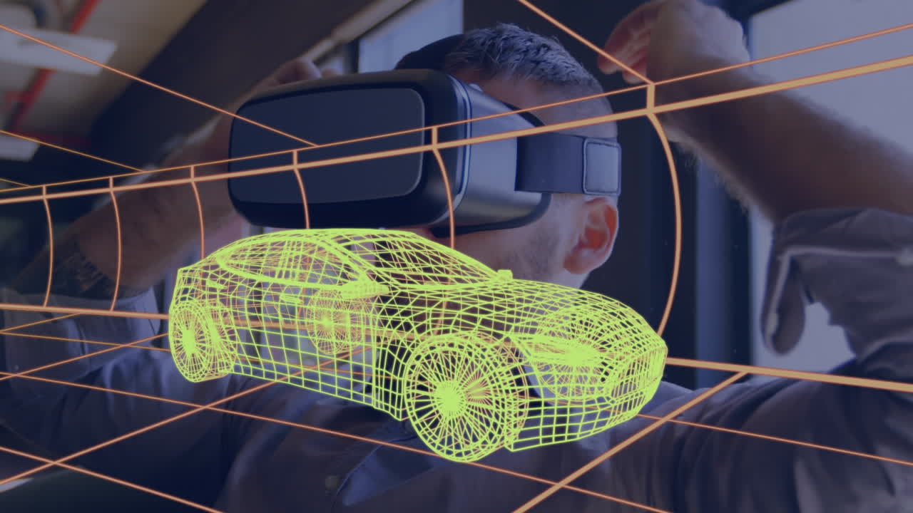 animación de dibujo 3d digital de un coche sobre un hombre usando auriculares vr