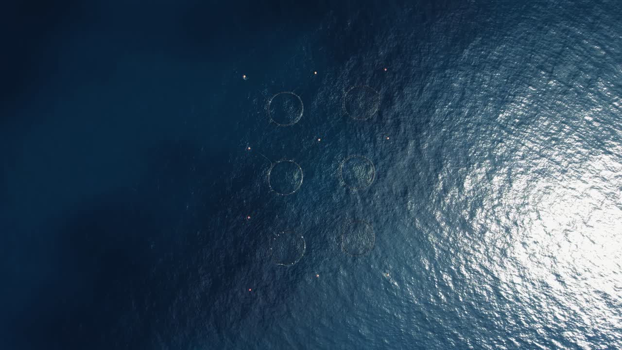 Circular submersible sea pen fish farms off the Sicilian coast in blue Mediterranean waters. Aerial drone