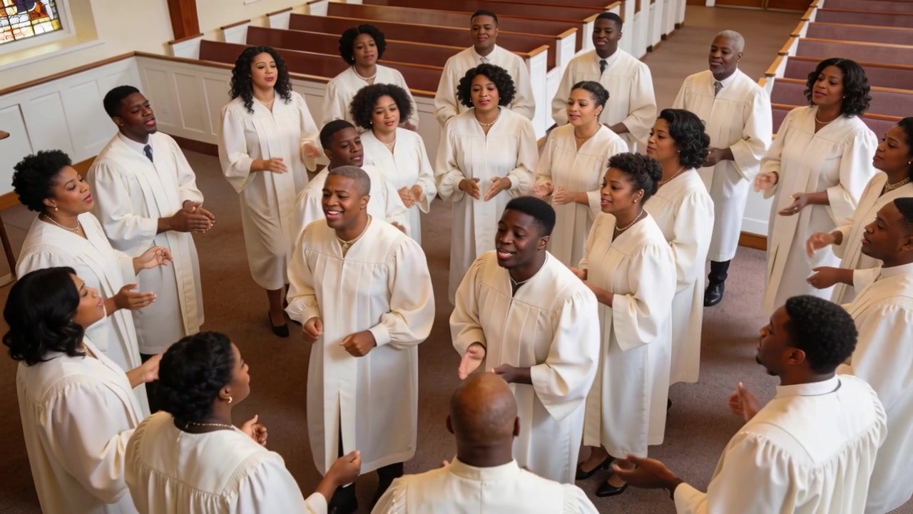 Clapping and singing choir following leader cueing tempo praising in church aisle wearing robes
