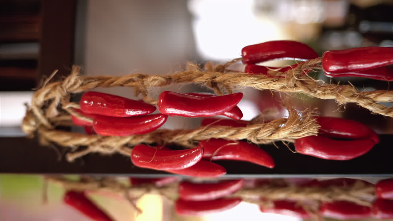 Red chilli peppers at a restaurant hanging