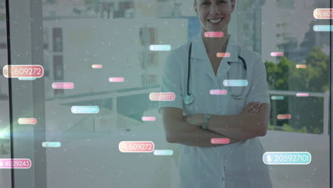 animation of media icons over caucasian female doctor smiling