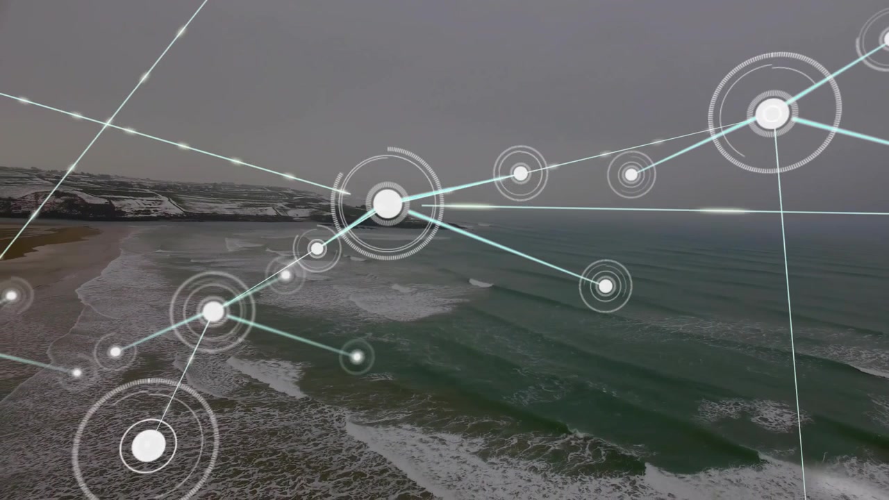 Drone moving triggers bright node expanding into network visualizing connectivity across coastline