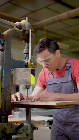 skilled man operating a drill press in a workshop