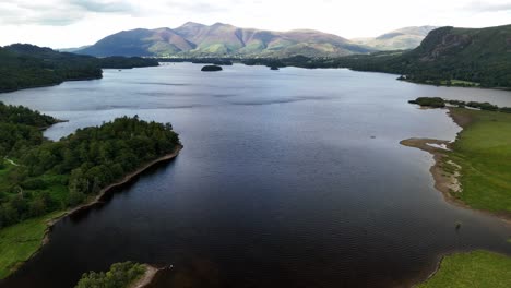 a panoramic drone view of derwent water in borrowdale. looking north to skiddaw and the town of keswick