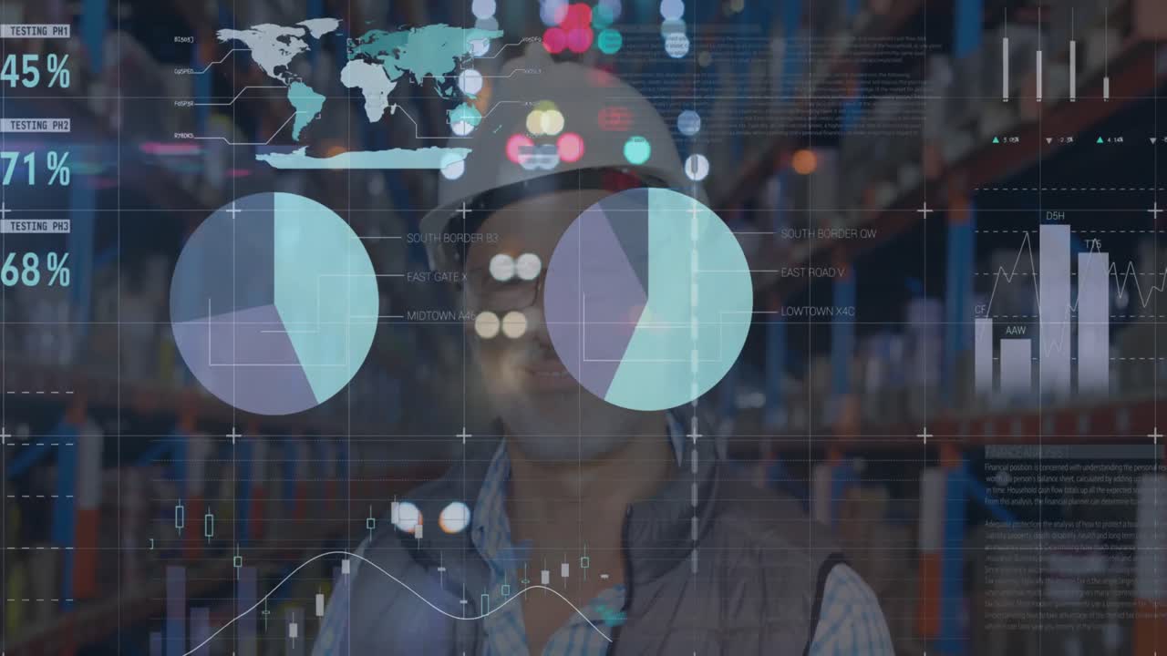 animación de gráficos y datos financieros sobre un feliz trabajador de almacén caucásico