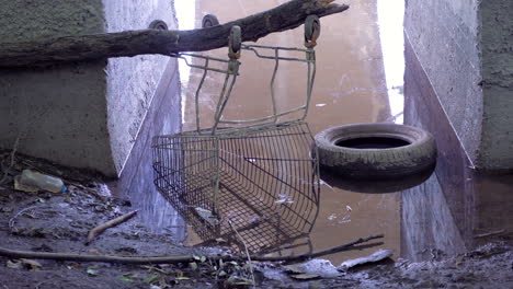 rusted discarded shopping trolley, car tire at river bank