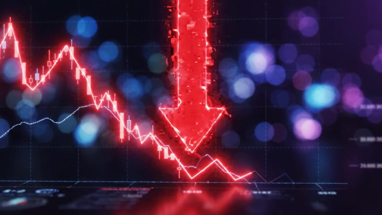 Dramatic Downtrend in Financial Markets: Visual Representation of Declining Stocks with Graphs and Indicators Highlighting a Bearish Trend