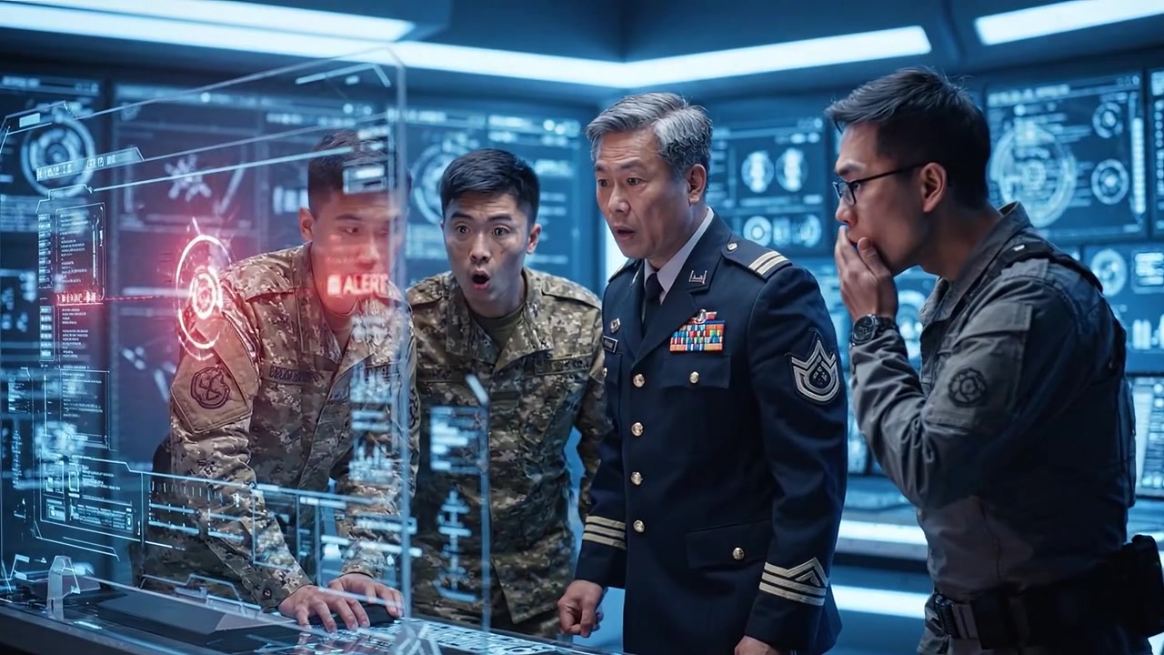 A Strategic Briefing: Military Experts Analyzing High-Tech Data Displays in a Command Center, Engaged in Critical Discussions and Analysis of Network Information.